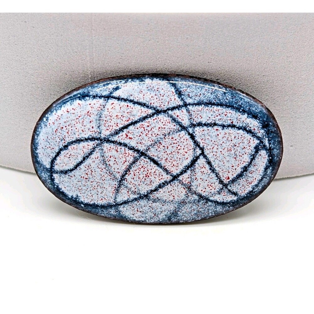 Oval Blue White Enamel on Copper Swirl Brooch Pin Geometric Abstract 2"
